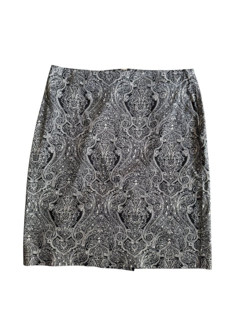 Talbots Black White Paisley Pencil Skirt Size 8P Petite Back Zipper Slit Cotton
